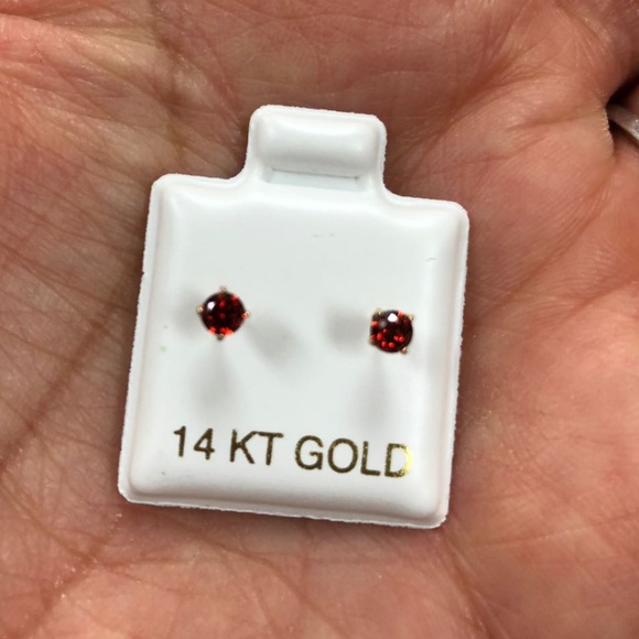 14k Yellow Gold 3mm Round Ruby Girls Earring - Picture 3 of 6